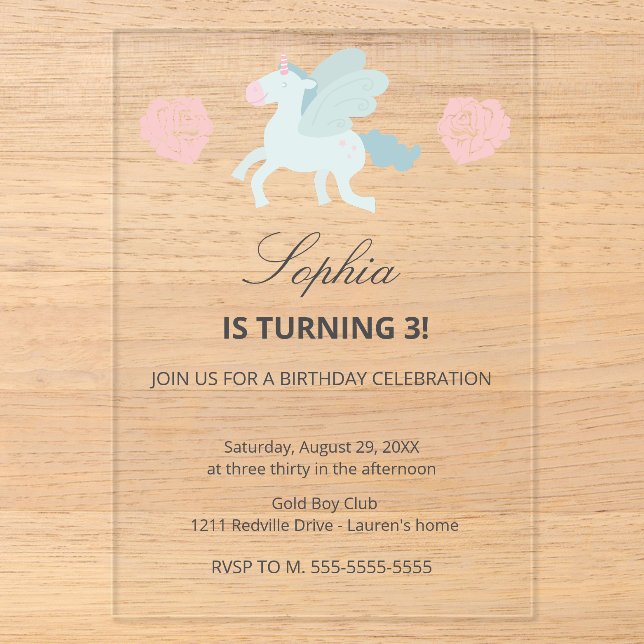 Invitación de cumpleaños rosa azul adorable unicor (Anverso)
