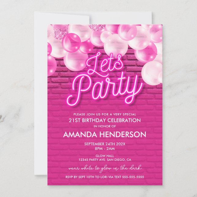 Invitación de cumpleaños rosa brillo de fiesta (Anverso)
