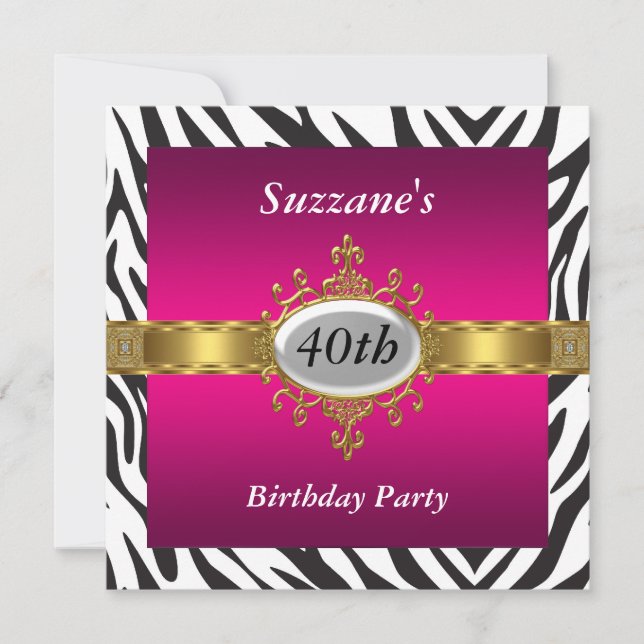 Invitación de cumpleaños rosa cebra (Anverso)