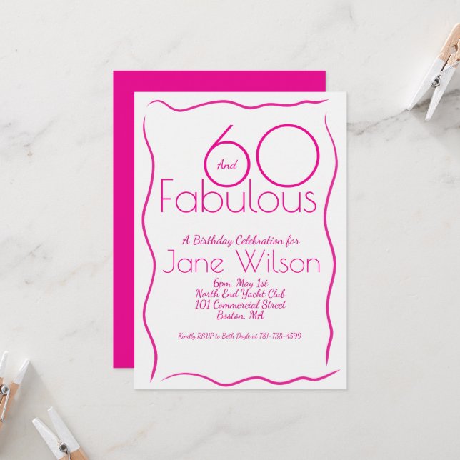  Invitación de cumpleaños rosa con guión Sixty & F (Anverso/Reverso In Situ)