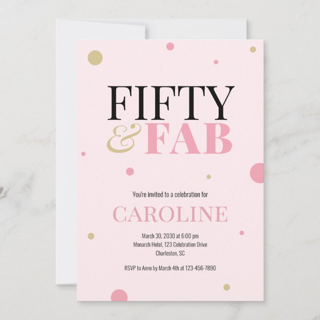 Invitación de cumpleaños rosa de 50 años y fabulos (Anverso)