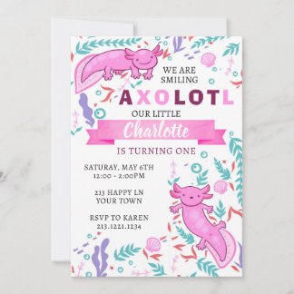 Invitación de cumpleaños rosa de Axolotl