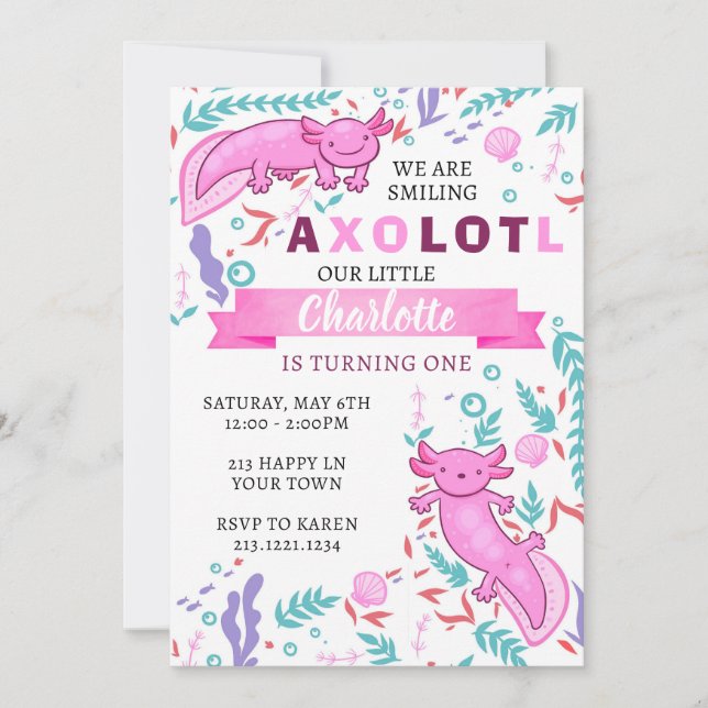 Invitación de cumpleaños rosa de Axolotl (Anverso)