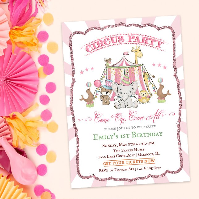 Invitación de cumpleaños rosa de circo lindo para  (Subido por el creador)