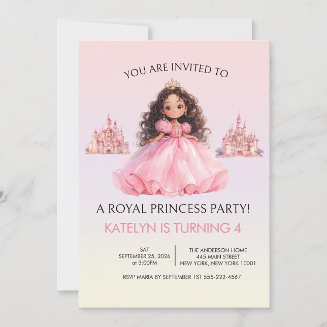 Invitación de cumpleaños rosa de fiesta de princes (Anverso)
