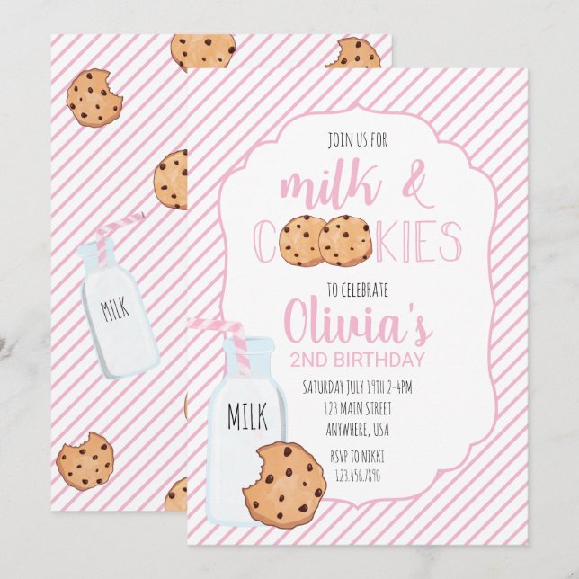 Invitación de cumpleaños rosa de leche y galletas  (Anverso / Reverso)