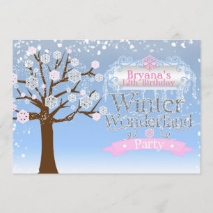 Invitación de cumpleaños rosa de paisaje invernal 