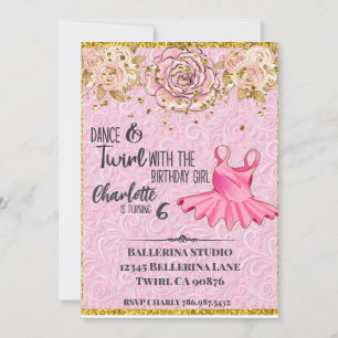 invitación de cumpleaños rosa de tutú de bailarina
