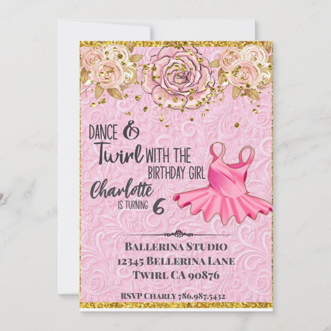 invitación de cumpleaños rosa de tutú de bailarina (Anverso)