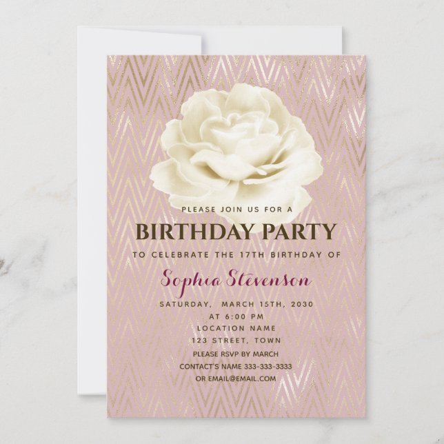 Invitación de cumpleaños rosa elegante floral (Anverso)