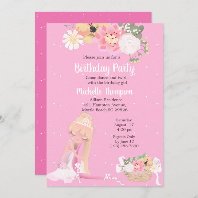 Invitación de cumpleaños rosa Floral Ballerina Flo (Anverso / Reverso)