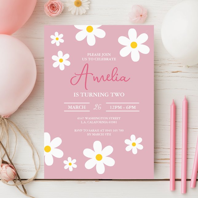 Invitación de cumpleaños rosa Floral Daisy (Subido por el creador)