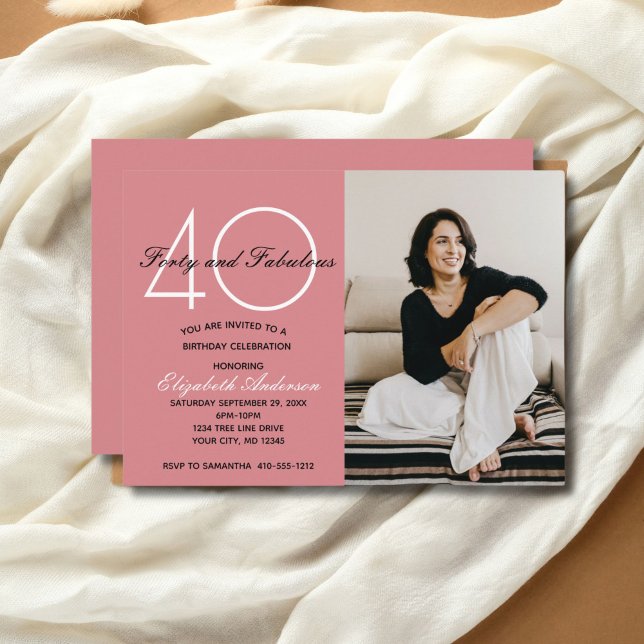 Invitación de cumpleaños rosa foto 40 y fabulosa (Photo Pink 40th birthday invitation for her. Printed or Digital Download)