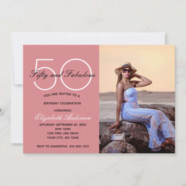 Invitación de cumpleaños rosa foto 50 y fabuloso (Anverso)