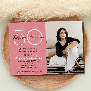 Invitación de cumpleaños rosa, foto 50 y fabuloso