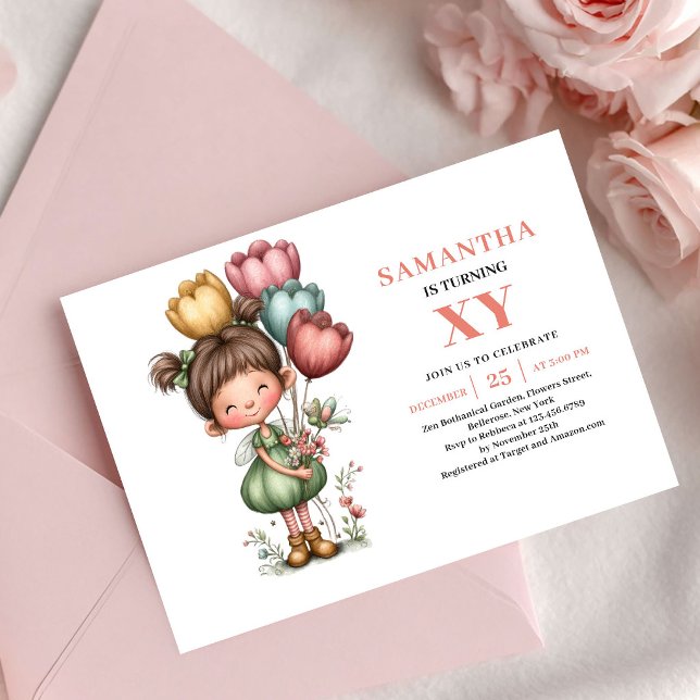 Invitación de cumpleaños rosa linda y caprichosa p (Fairy Girl Birthday Cute Whimsical Pink invitation)
