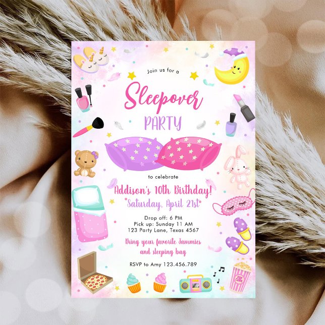 Invitación de cumpleaños rosa para fiesta de pijam (Subido por el creador)