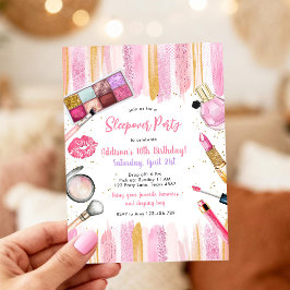 Invitación de cumpleaños rosa para fiesta de pijam