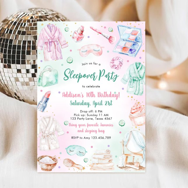 Invitación de cumpleaños rosa para fiesta de pijam (Subido por el creador)