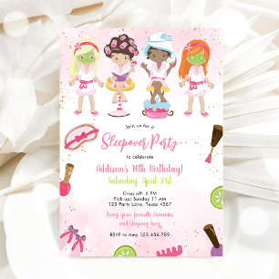 Invitación de cumpleaños rosa para fiesta de pijam