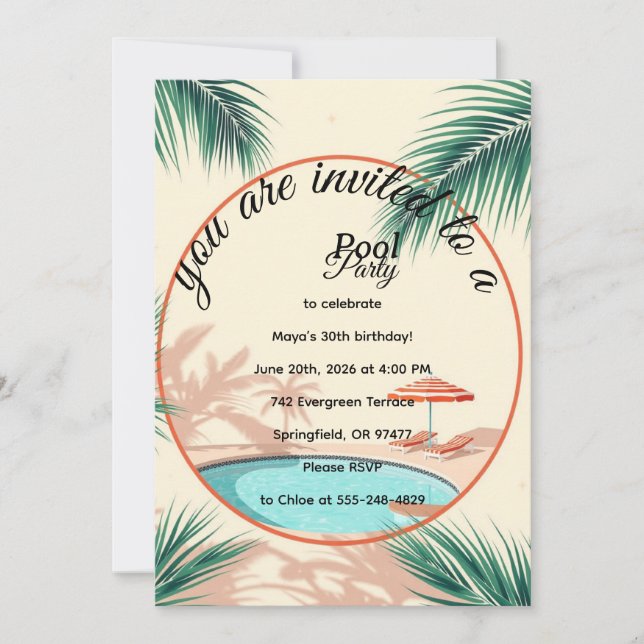 Invitación de cumpleaños rosa para fiesta en la pi (Anverso)