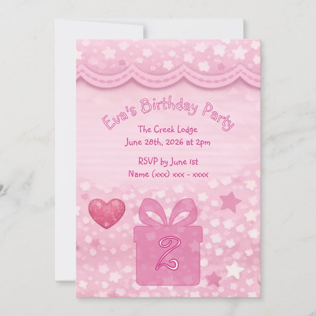 Invitación de cumpleaños rosa para niñas (Anverso)