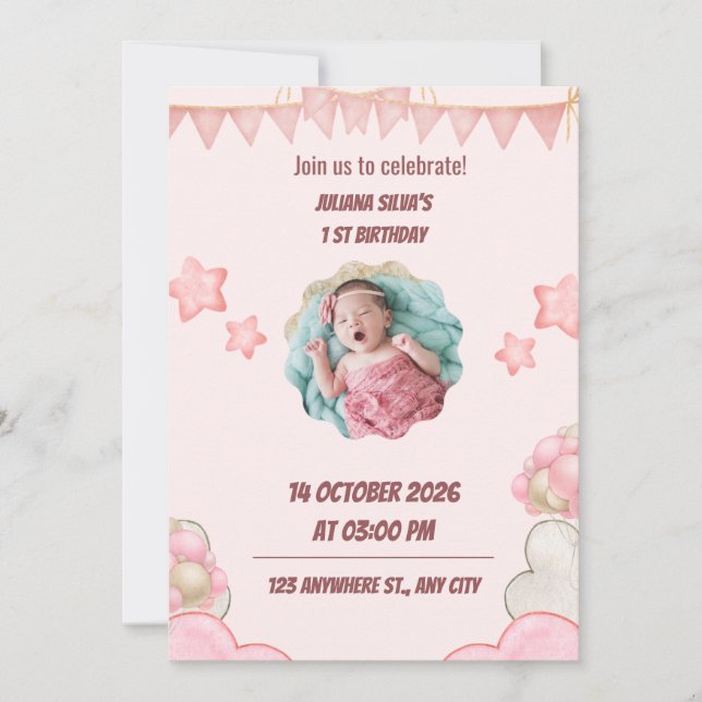 Invitación de Cumpleaños Rosa para Niños (Anverso)