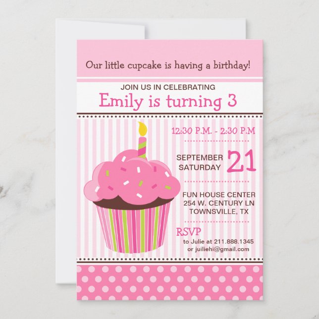 Invitación de cumpleaños rosa para pastelito (Anverso)