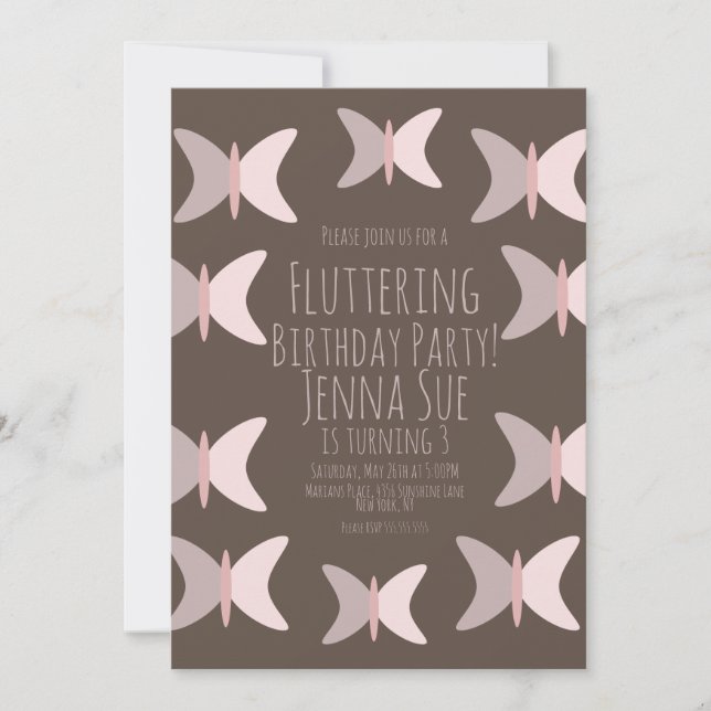 Invitación de cumpleaños rosa pastel mariposa bohe (Anverso)