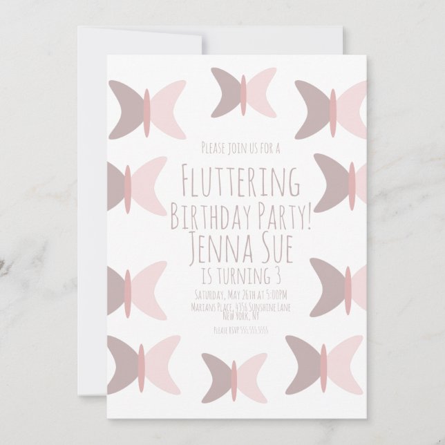 Invitación de cumpleaños rosa pastel mariposa bohe (Anverso)