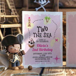 Invitación de cumpleaños Rosa Pirata Dos al Mar