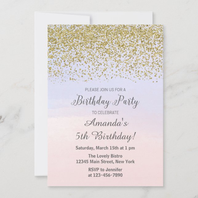 Invitación de cumpleaños rosa y azul y oro (Anverso)