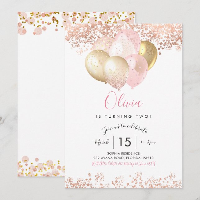Invitación de cumpleaños rosa y dorado (Anverso / Reverso)