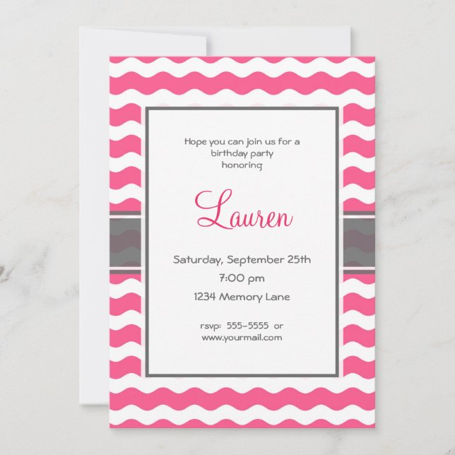 Invitación de cumpleaños rosa y gris (Anverso)