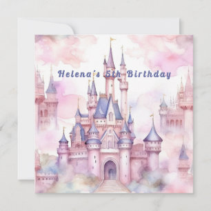 Invitación de cumpleaños rosa y morado de castillo