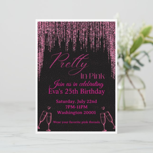 Invitación de cumpleaños rosa y negra (Anverso de pie)