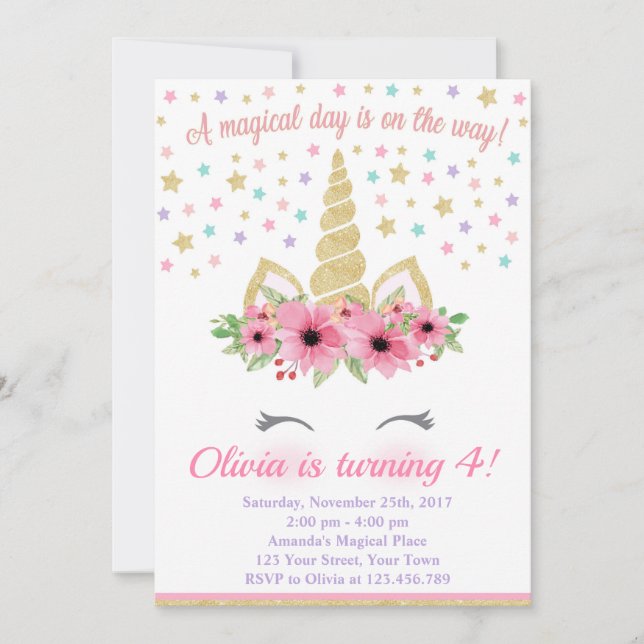 Invitación de cumpleaños, rosa y oro de Unicornio (Anverso)