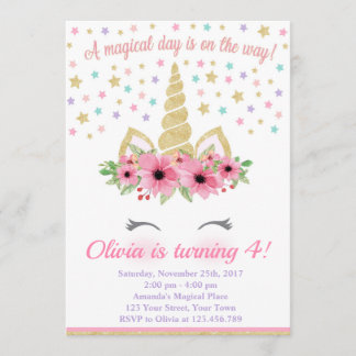 Invitación de cumpleaños, rosa y oro de Unicornio