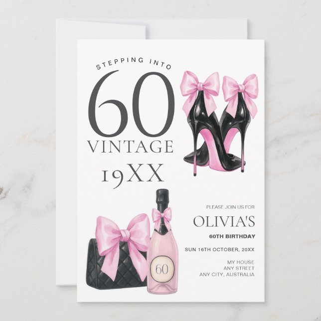 Invitación de cumpleaños rosada 60 para ella (Anverso)