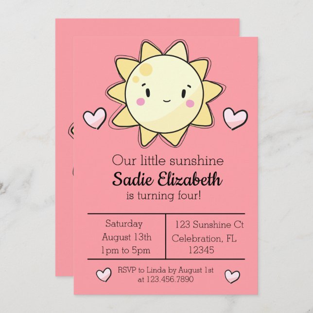 Invitación de cumpleaños rosada a nuestros pequeño (Anverso / Reverso)