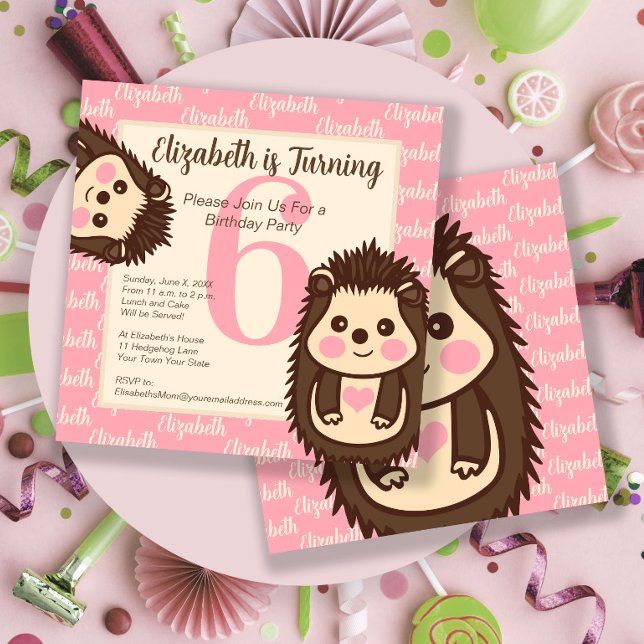 Invitación de cumpleaños rosada de Chica Cute Hedg (Subido por el creador)