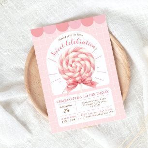 Invitación de cumpleaños rosado a la tienda de dul