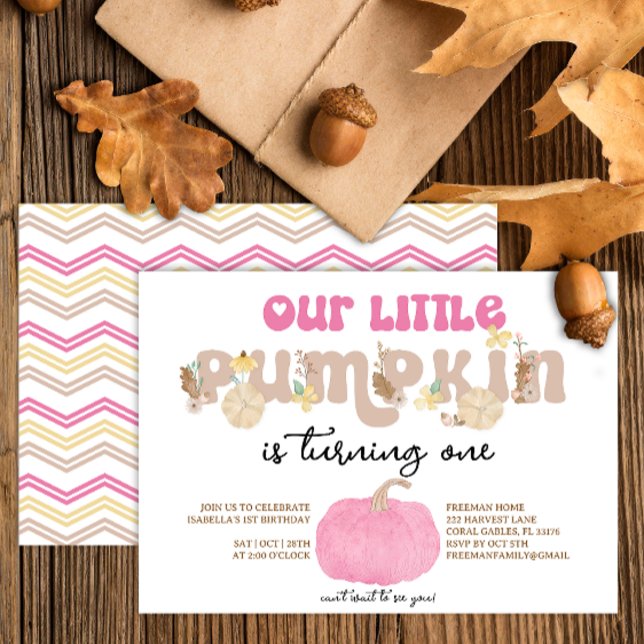 Invitación de cumpleaños rosado a nuestra calabaza (Pink pumpkin fall birthday party invitation)