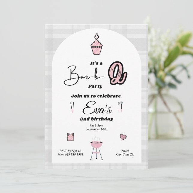 Invitación de cumpleaños rosado Bar-b-2 (Anverso de pie)