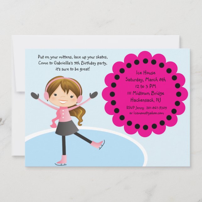 Invitación de cumpleaños rosado caliente a patinar (Anverso)