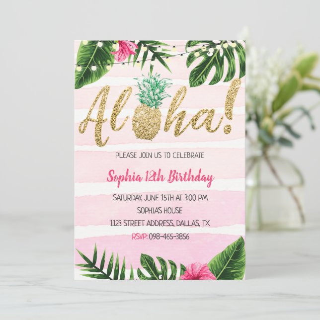 Invitación de cumpleaños rosado de Aloha Pineapple (Anverso de pie)