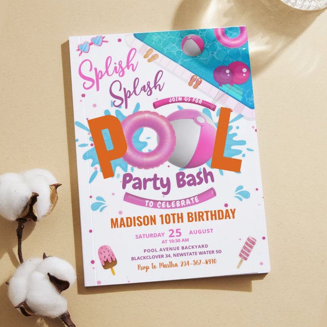 Invitación de cumpleaños rosado de Bash Fiesta de  (Editable Pool Party Bash Pink Birthday Invitation)