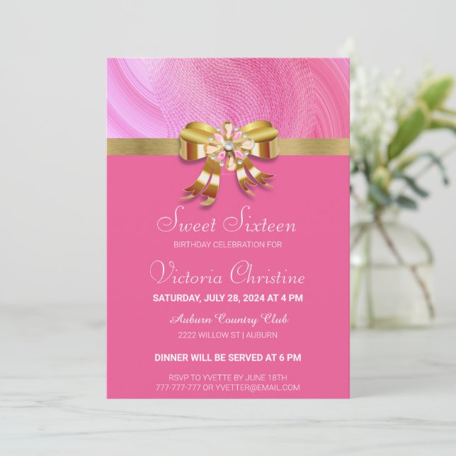 Invitación de cumpleaños rosado de bonito (Anverso de pie)
