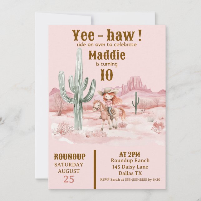 Invitación de cumpleaños rosado de Cowgirl occiden (Anverso)