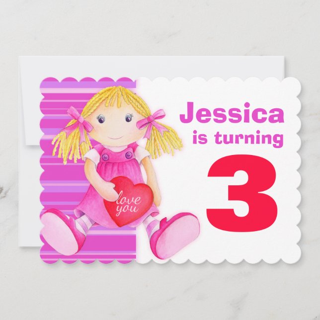 Invitación de cumpleaños rosado de muñecas de terc (Anverso)